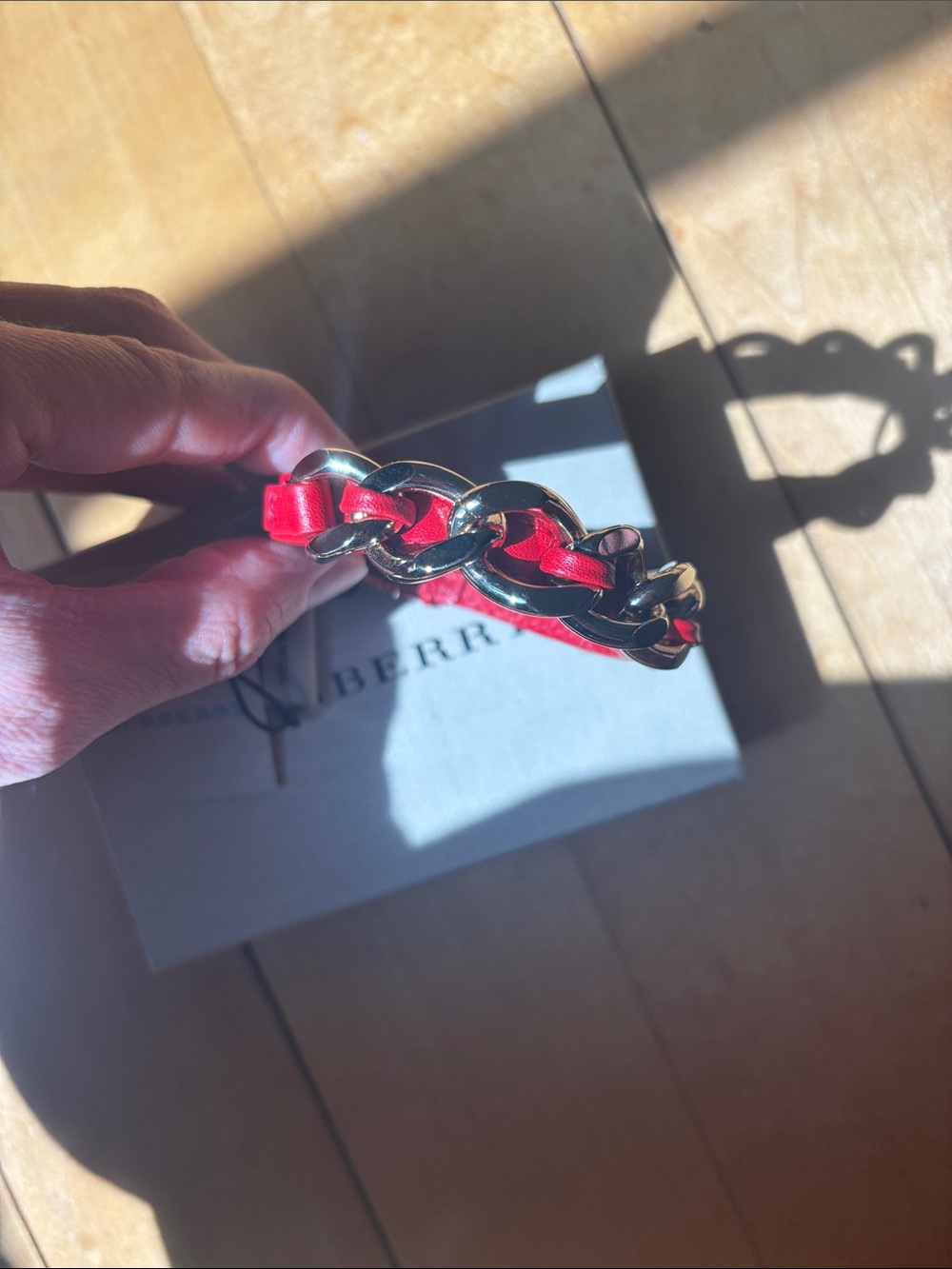 Burberry Gold Chain Bracelet with Red Leather - Picture 6 of 6